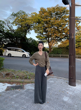 isaro uu 冬日温暖加厚慵懒针织裤~100绵羊毛松紧腰直筒阔腿裤