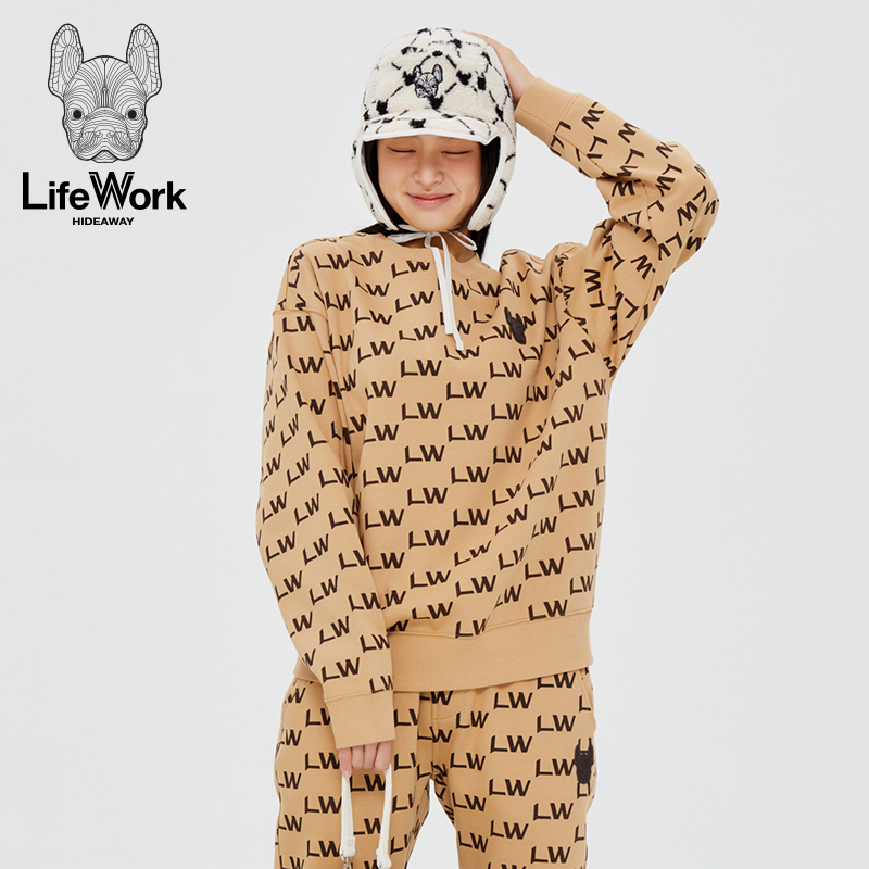 LifeWork秋冬新款满印logo圆领卫衣法斗犬图案潮牌上衣男女