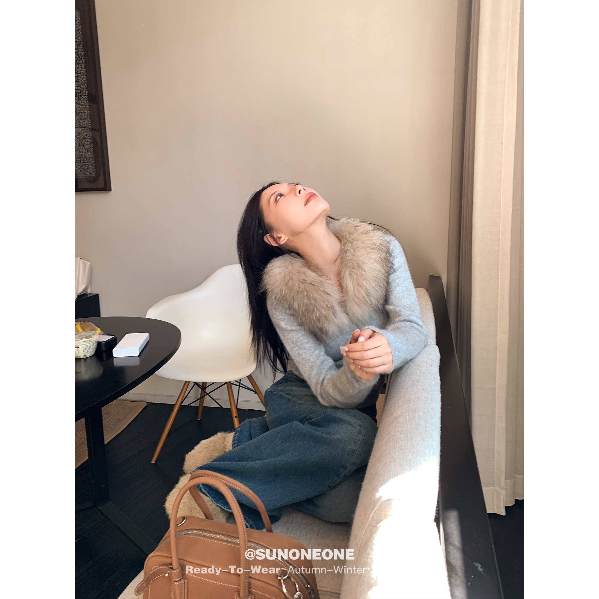 SUNONEONE 貉子毛领羊毛针织开衫女冬长袖修身气质高级感上衣外套