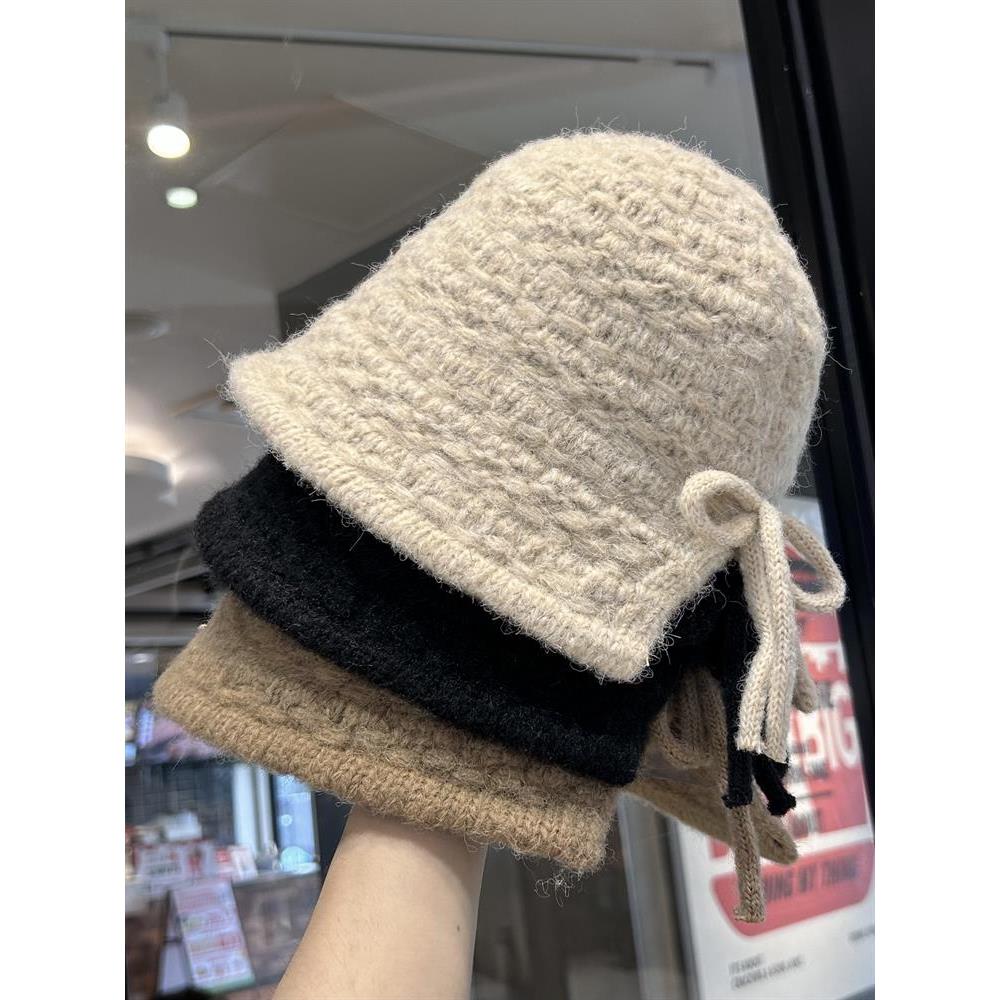 韩版手工蝴蝶结针织渔夫帽女秋冬季百搭纯色水桶帽保暖护耳毛线帽
