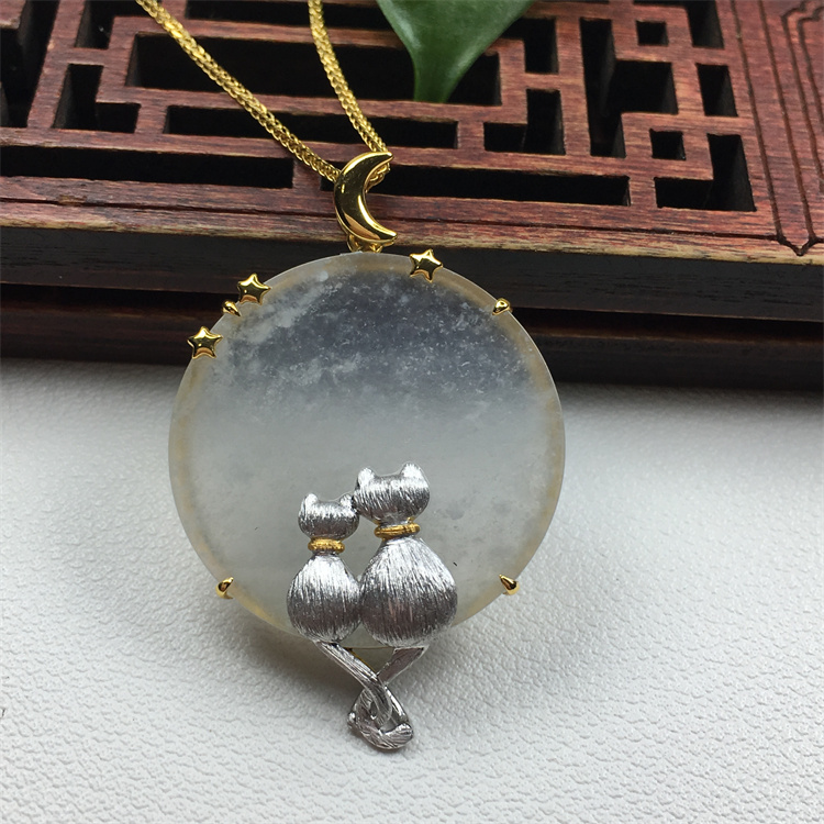 新品18K金镶嵌缅甸天然A货翡翠冰种无事牌星月猫咪项链玉坠吊坠女