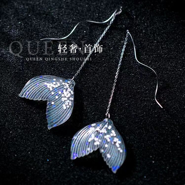 S925纯银进口莫桑石鱼尾亮片耳线简约月光蓝超仙梦幻人鱼姬耳坠新