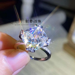 PT950铂金进口D色莫桑石冰花切四爪钻戒奢华10克拉公主方枕形指环