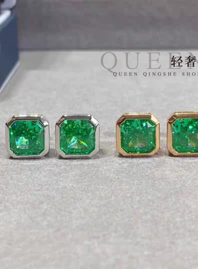 AU75018K玫瑰金色进口D色莫桑石祖母绿方形耳钉气质复古高级感新