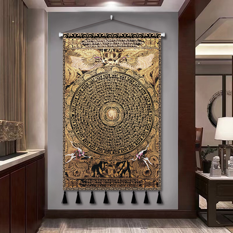 西藏六字真言藏式布艺挂画客厅玄关唐佛堂背景房间背景装饰挂布图片