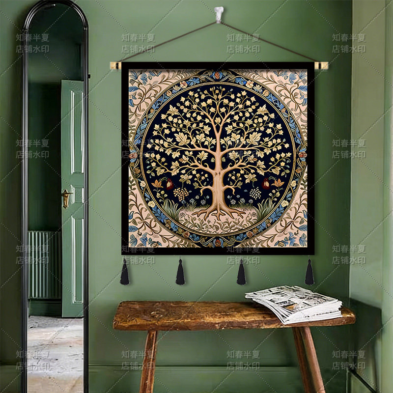 美式玄关装幸福树复古餐厅发财树走廊过道壁画高级感布艺挂画