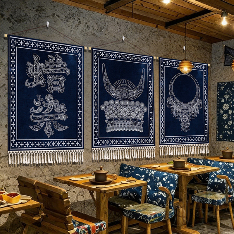 蜡染风贵州云南苗族装饰布咖啡店餐厅饭店布艺挂画民宿背景布