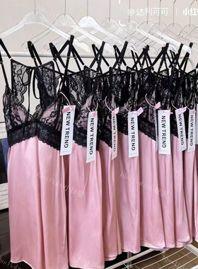 棠雨间Intriguing黑粉拼接吊带蕾丝睡裙露背系带显瘦小红书同款