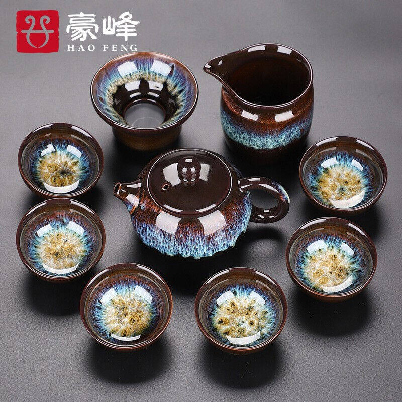 豪峰经典窑变沙金釉功夫茶具套装家用茶杯茶海盖碗茶壶茶A款沙金