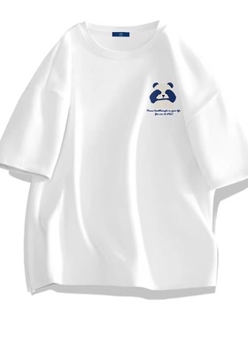 2024新款纯棉薄款国潮熊猫潮流百搭潮t恤学生短袖男白色宽松夏季