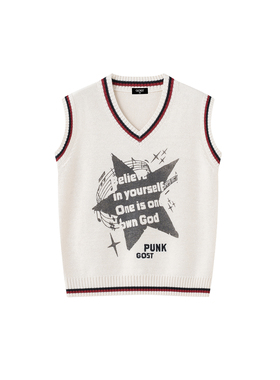 GOST星星乐谱乐符印花学院风针织衫背心