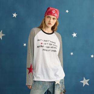 宽松T恤男女潮牌打底衫 GOST春季 长袖 复古条纹拼接插肩袖 美式