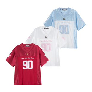 女宽松运动星星美式 GOST潮牌拼接V领球衣短袖 徽章百搭t恤夏体恤