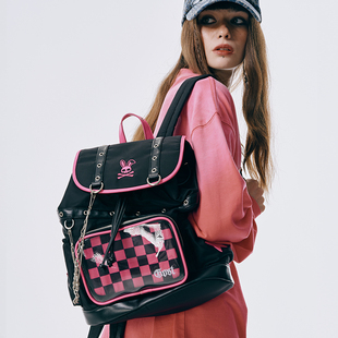 GOST撞色棋盘格重工双肩痛包日常百搭大容量背包千禧风链条设计