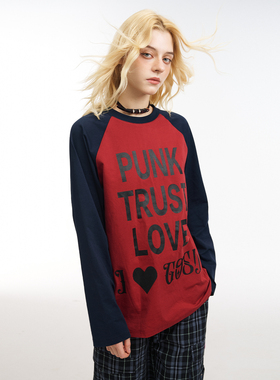GOST朋克复古标语爱心logo印花潮牌撞色圆领插肩长袖字母宽松T恤
