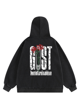 GOST基础字母logo龟裂印花潮牌百搭加绒玫瑰回形针连帽卫衣外套