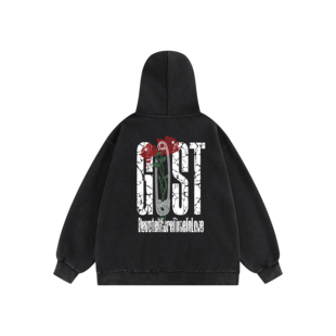 GOST基础字母logo龟裂印花潮牌百搭加绒玫瑰回形针连帽卫衣外套