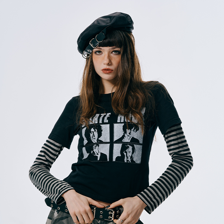 GOST条纹拼接假两件T恤美式高级感百搭宽松休闲长袖上衣男女同款