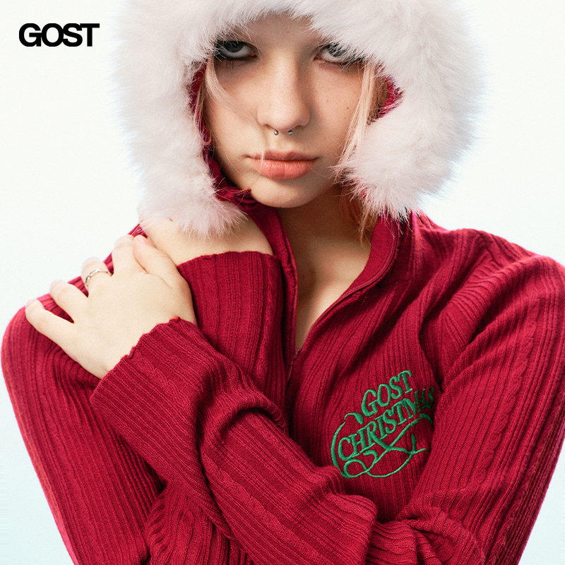 GOST 24SS  新年圣诞红色连帽套头毛衣针织衫毛条拼接保暖复古女