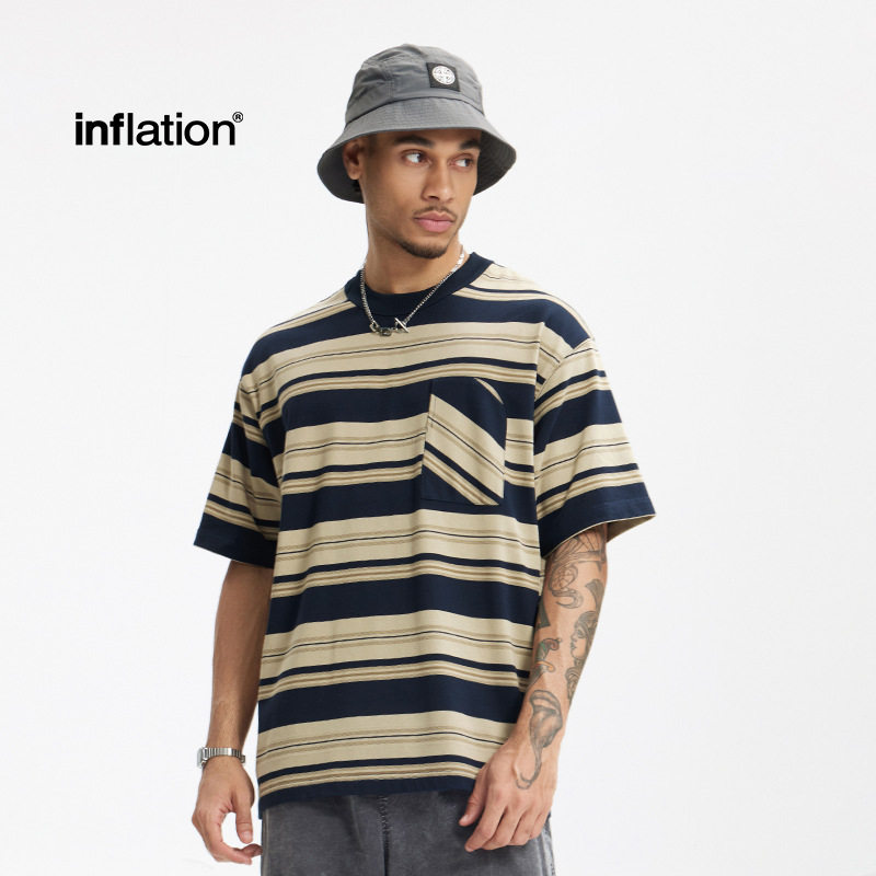 条纹口袋T恤2025春夏新品美式潮牌宽松植绒印花男士短袖