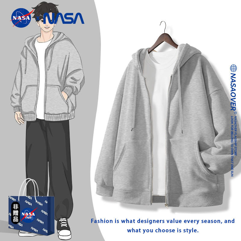nasa开衫连帽卫衣外套卡通耿鬼印花休闲运动嘻哈男装潮流拉链上衣