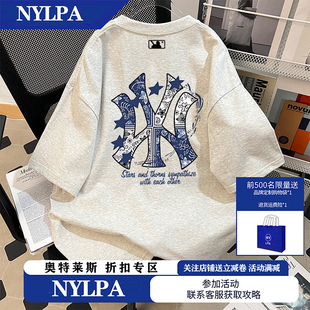 腰果花ins情侣上衣潮 奥莱美式 NYLPA白灰色纯棉宽松短袖 t恤男夏季