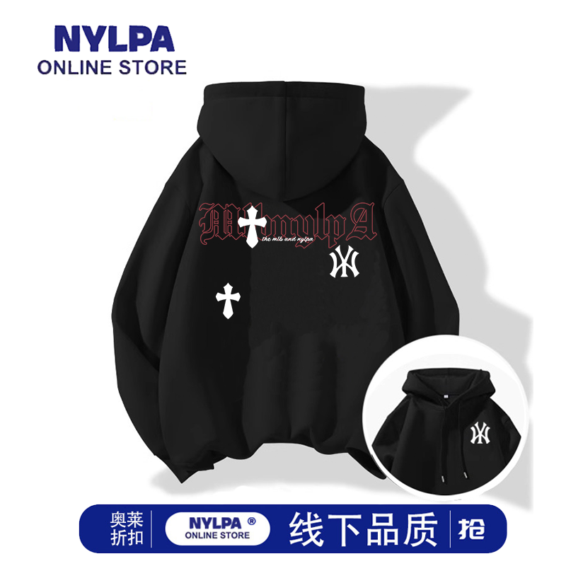 NYLPA秋冬美式设计感hiphop宽松十字架印花连帽套头卫衣百搭外套