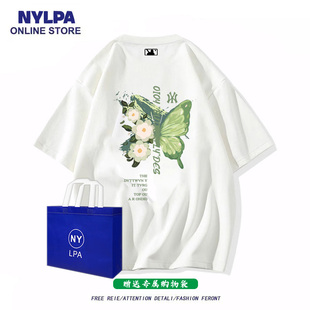 NYLPA白色纯棉短袖T恤男女宽松休闲夏季半袖奥特莱斯蝴蝶印花上衣