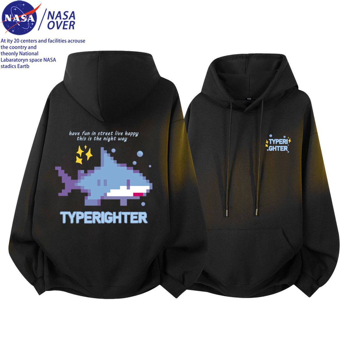 NASA联名趣味像素鲨鱼连帽卫衣潮流个性休闲百搭秋冬季男女款帽衫
