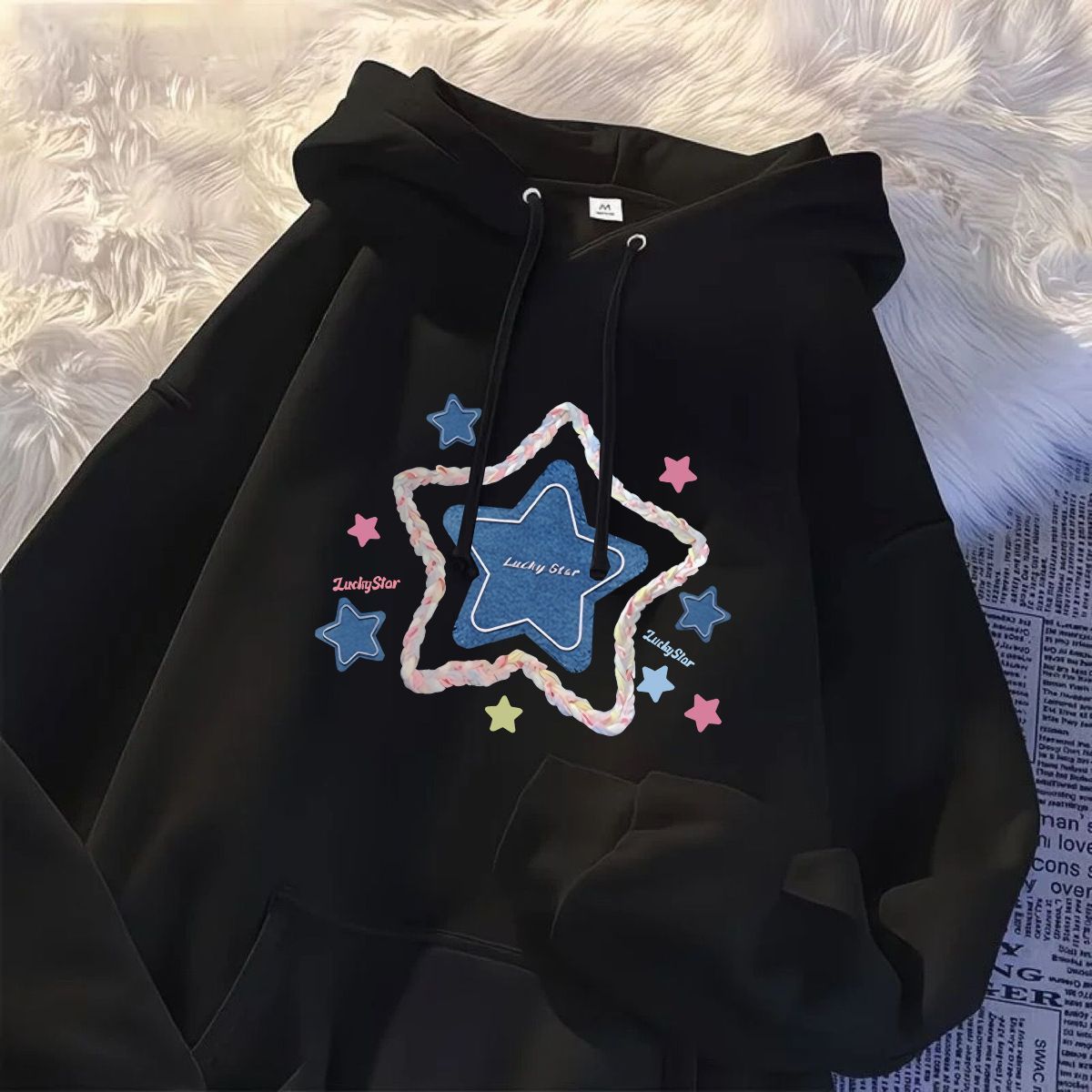 美式hiphop星星印花连帽卫衣男女秋冬季加绒2026新款宽松上衣外套