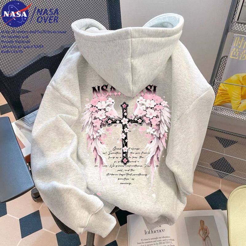 NASA联名美式高级感樱花十字架秋冬季连帽卫衣男女宽松休闲风帽衫