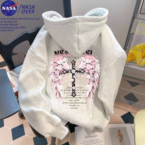 NASA联名美式高级感樱花十字架秋冬季连帽卫衣男女宽松休闲风帽衫