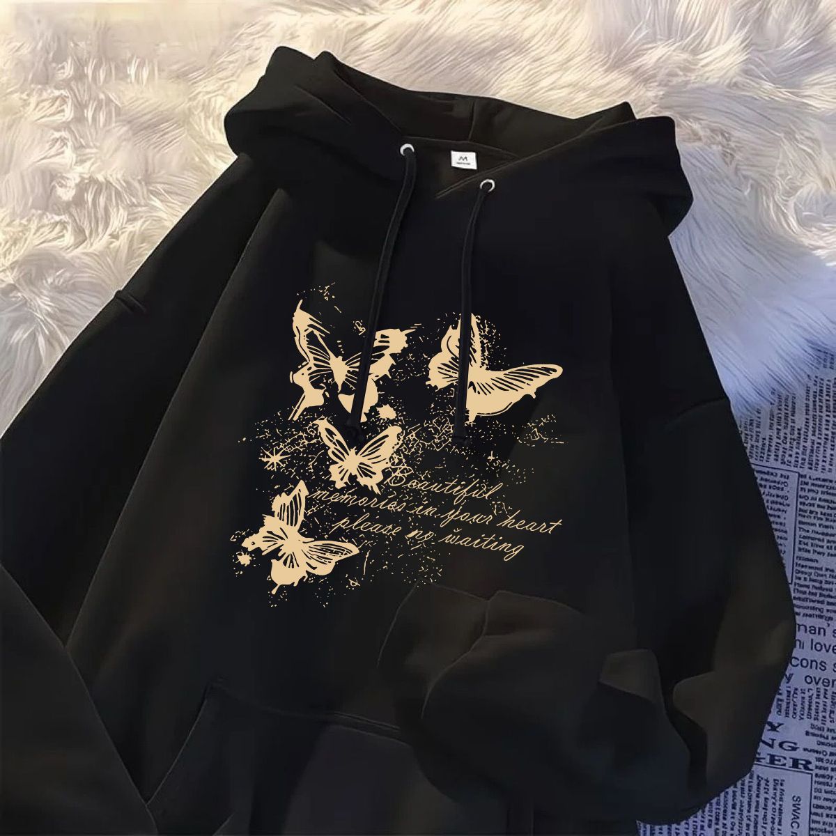 韩系chic连帽卫衣胸前蝴蝶英文印花慵懒风宽松版情侣长袖帽衫上新
