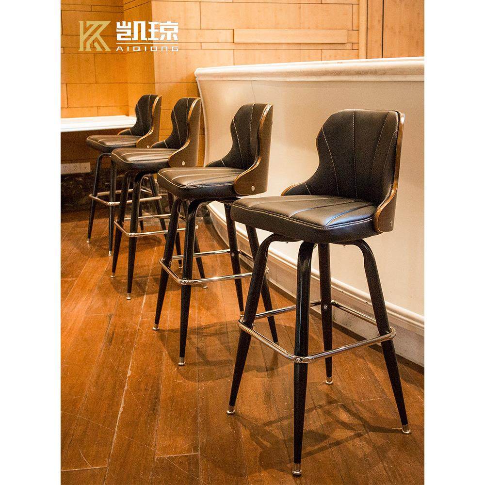 北欧吧台椅实木靠背铁艺复古酒吧椅高脚凳旋转吧椅咖啡厅前台椅子