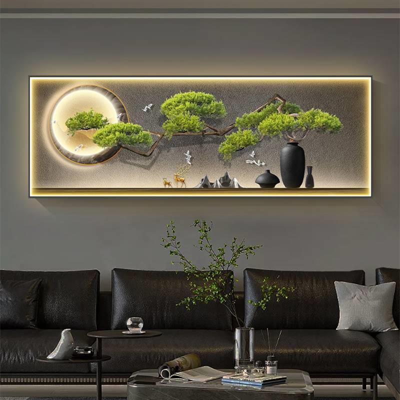 新中式客厅装饰画大气高档挂画轻奢沙发背景墙灯画迎客松茶室壁画