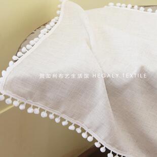 HEGALY 饰背景布 棉麻桌布白毛毛球ins风日式 亚麻北欧纯色布艺装