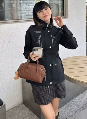 原创黑色翻领工装外套女秋冬美式复古设计感小众显瘦上衣