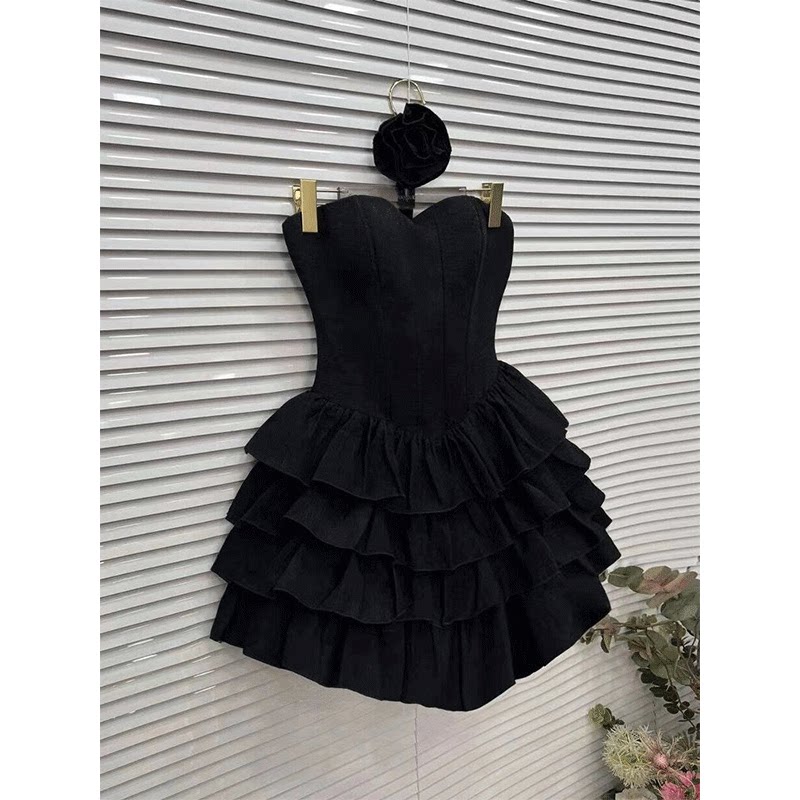 黑色小个子抹胸连衣裙生日party设计感芭蕾风独特超好看蓬蓬裙