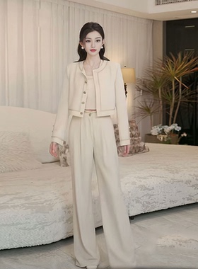 2025春季新款富家千金轻奢高级感外套小香风白色裤子三件套女装