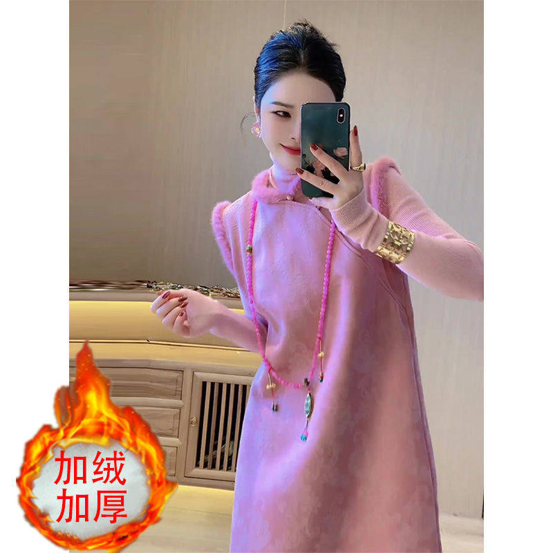 加绒加厚今年流行漂亮套装裙新中式粉色背心裙针织打底衫两件套冬