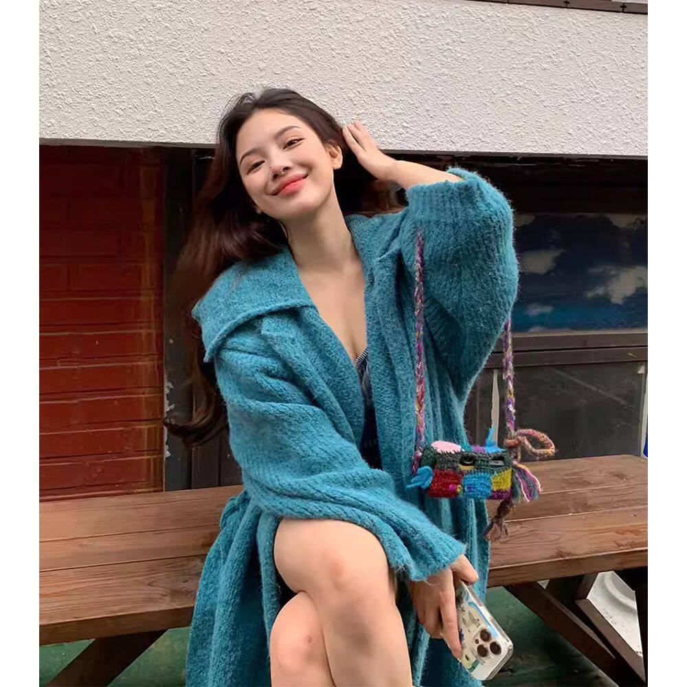 春季蓝色慵懒风翻领加厚毛衣针织开衫外套女宽松大衣