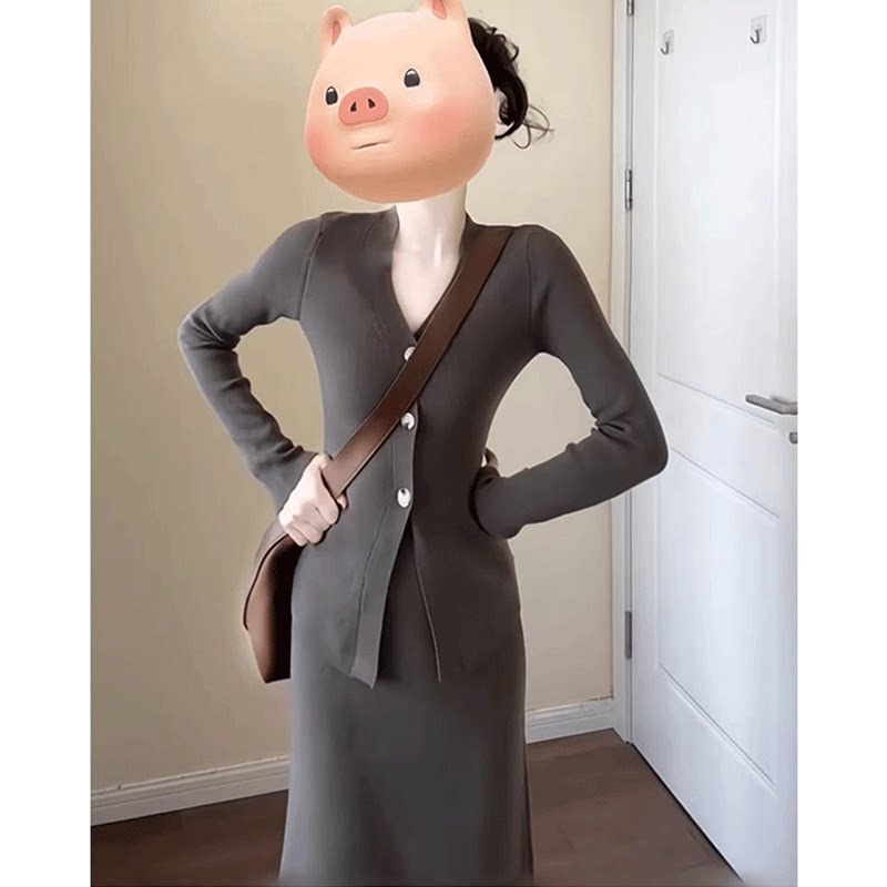 慵懒风针织套装女秋冬V领开叉修身上衣高腰显瘦半身裙