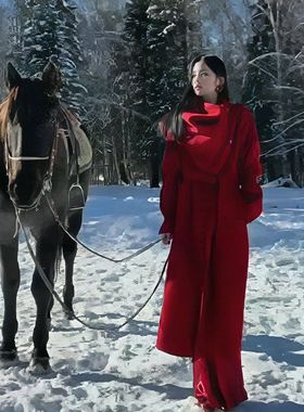 秋冬过年战袍红色圣诞中长款围脖领双排扣港风呢子外套女