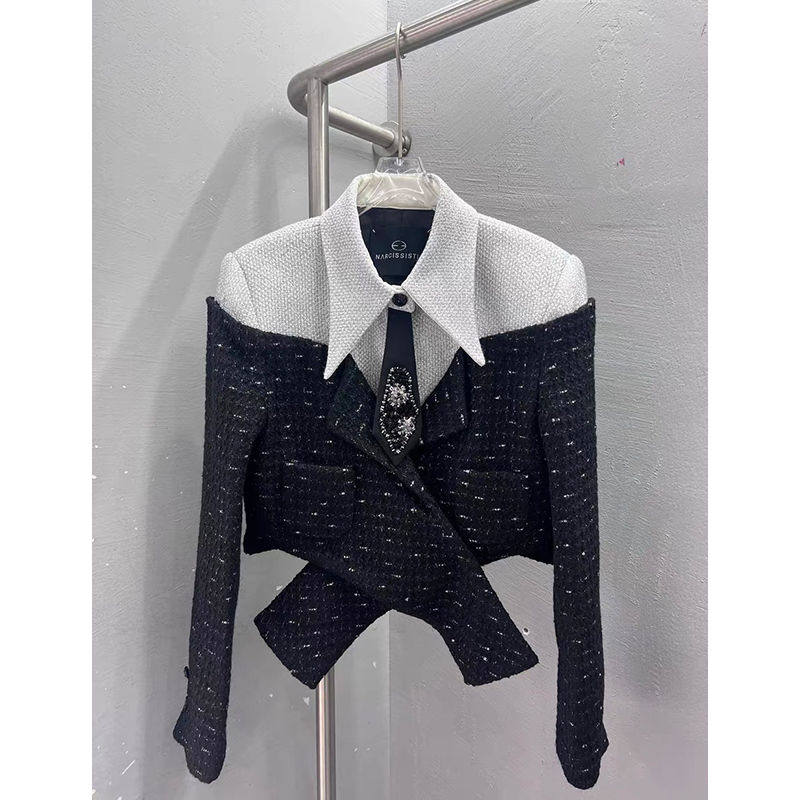 精致撞色拼接交叉领带小香风外套2024冬季新款欧洲站小众设计女装