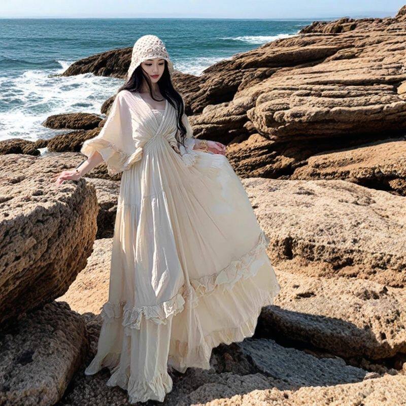 重工温柔露背荷叶边夏季仙女超仙连衣裙气质海边度假长裙