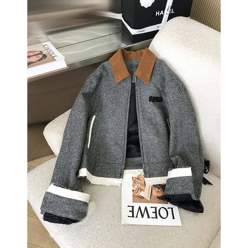 独特超好看外套女款miu里miu气穿搭撞色翻领短款毛呢外套秋冬新款