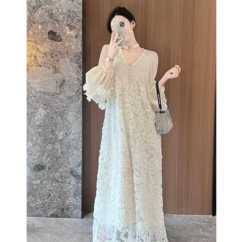 MISSNI 设计师原创刺绣立体花朵连衣裙宽松显瘦仙女裙春夏新款