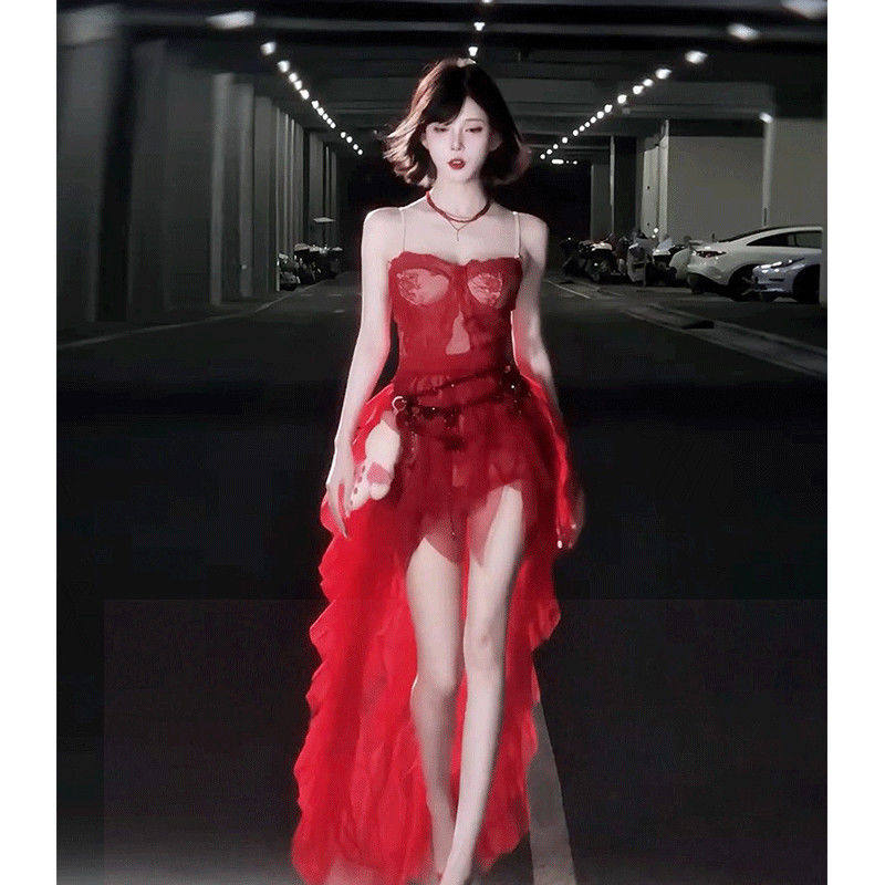 纯欲风性感抹胸网纱红色不规则吊带半身裙套装连衣裙西北沙漠穿搭