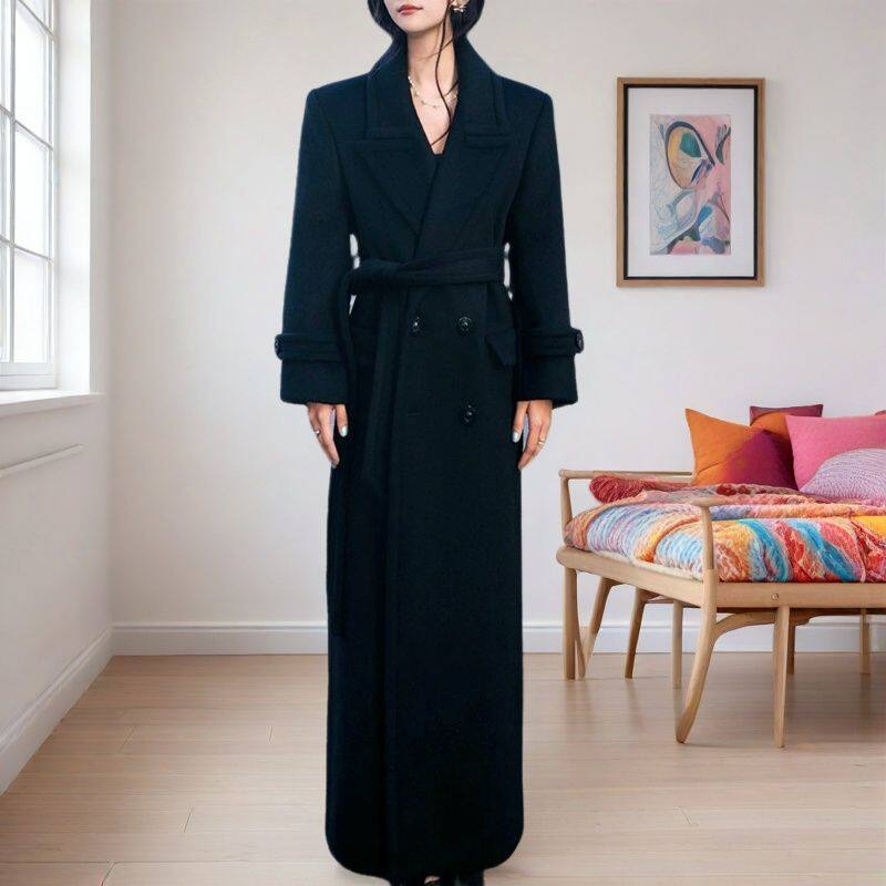 2024年黑色小众慵懒风呢子大衣高级感中长款韩版宽松双面呢外套