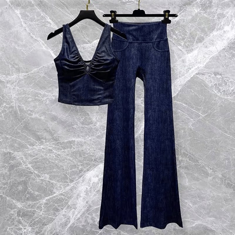 仿牛仔色瑜伽服套装女高